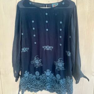 Johnny Was Navy Blue Floral Embroidered Blouse - small